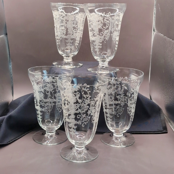 Five (5) Fostoria Florentine Footed Tumblers Ice Tea Juice Water Glasses 5  3/8